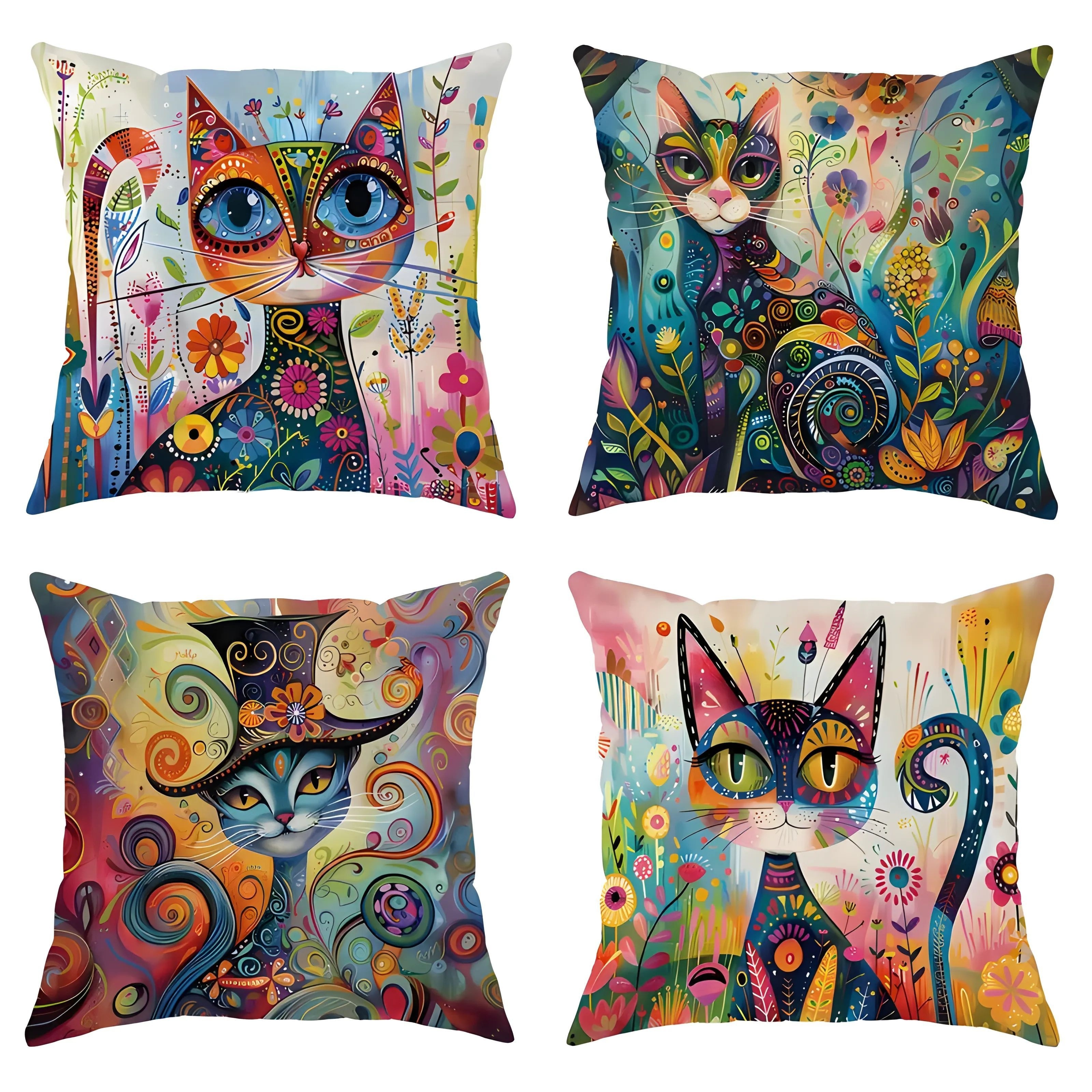 

Ensemble de 4 Housses de Coussin Festives avec Chat - Colorées, à Fermeture Éclair en Polyester pour la Décoration de & du Bureau (Inserts Non ), pour Noël