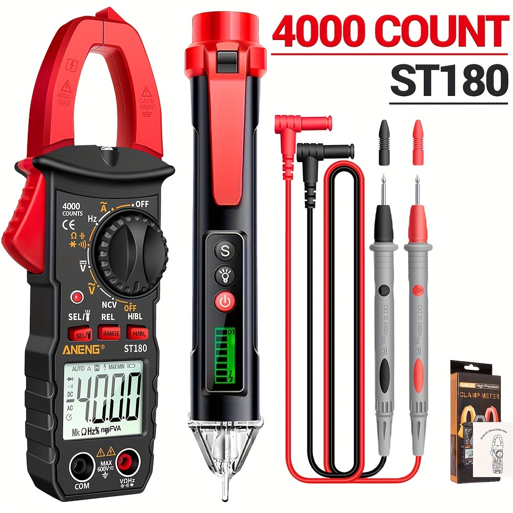 

Clamp On Multimeter Ammeter Set, Including Measuring Pen. Con Linterna, St180 4000 Count, With Buzzer, Measuring Current, Voltage, , Resistance, Nvc Detection, Diode Continuity Duty Cycle (ac Current)