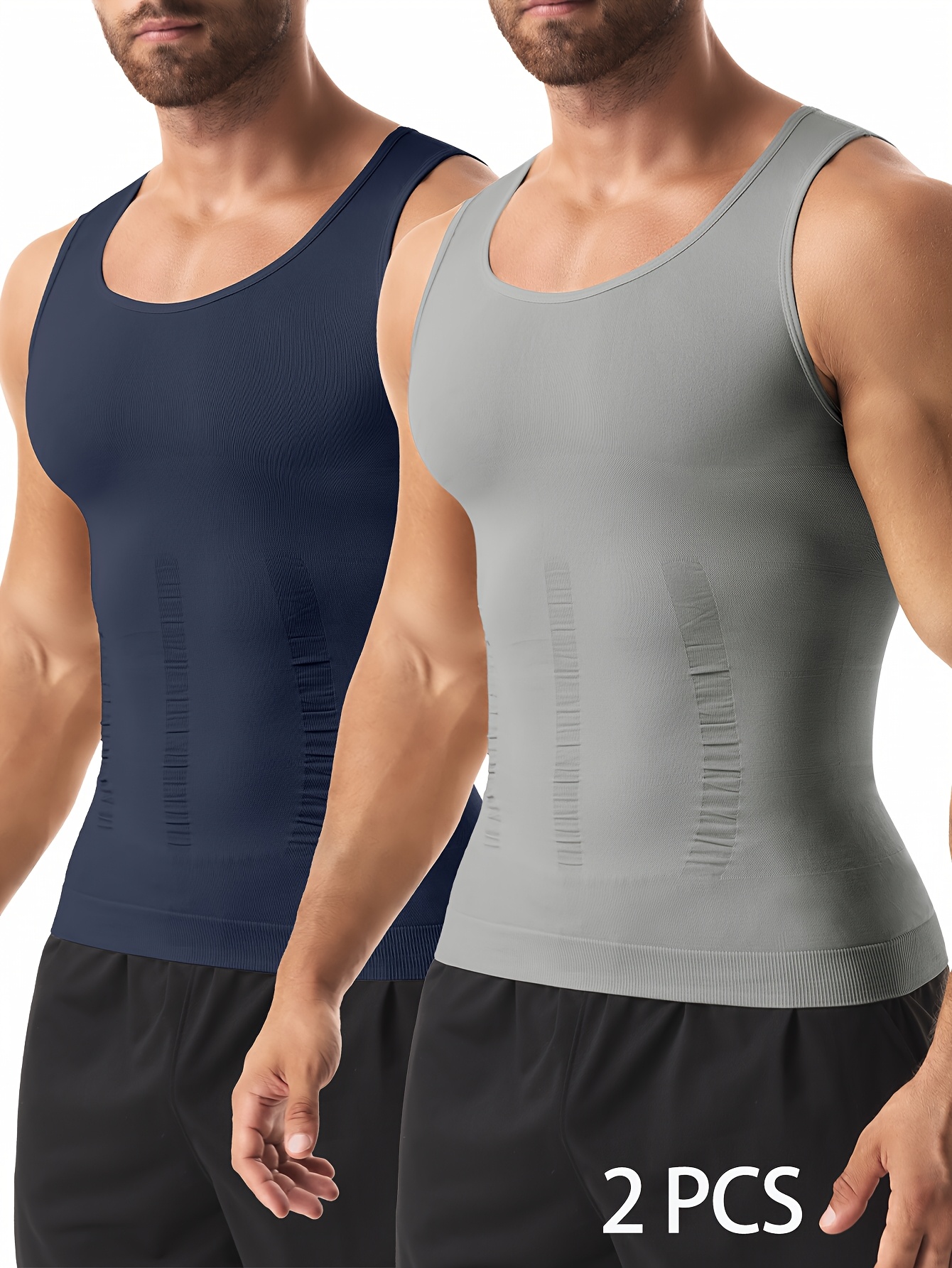 item picture 2 pc mens body shaper vest   compression undershirt body shaper and back support abdominal control nylon breathable material gray blue