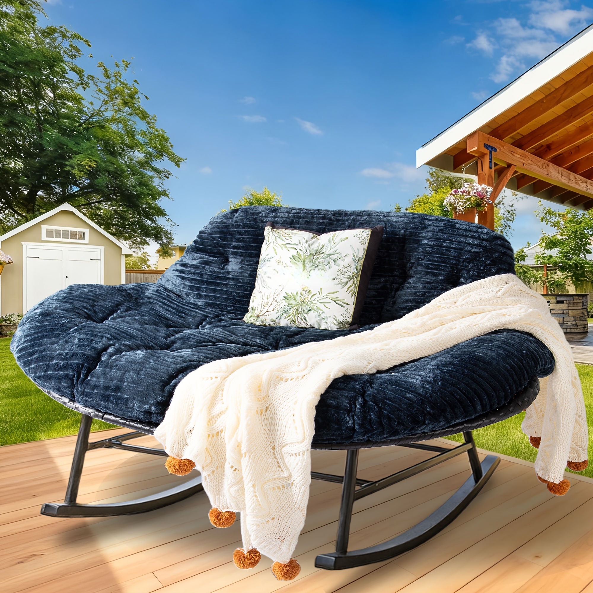 [Outdoor Rocking Chair] Double Outdoor Rocking Papasan Chair, 2-Person Oversized Loveseat Rocker with Thickened Soft Cushion And Rattan Wicker Frame for Patio, Garden, Balcony Relaxation
