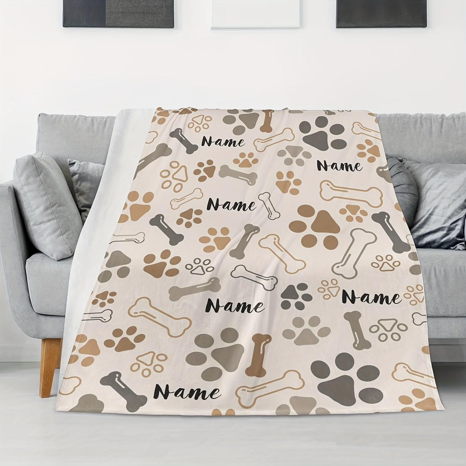 E-shop Kreative Personalisierte Textanpassung, Exklusiver Hundename-Anpassung, Pfoten- und Knochenabdruck Decke, Flanell Geschenkdecke, Individuelle