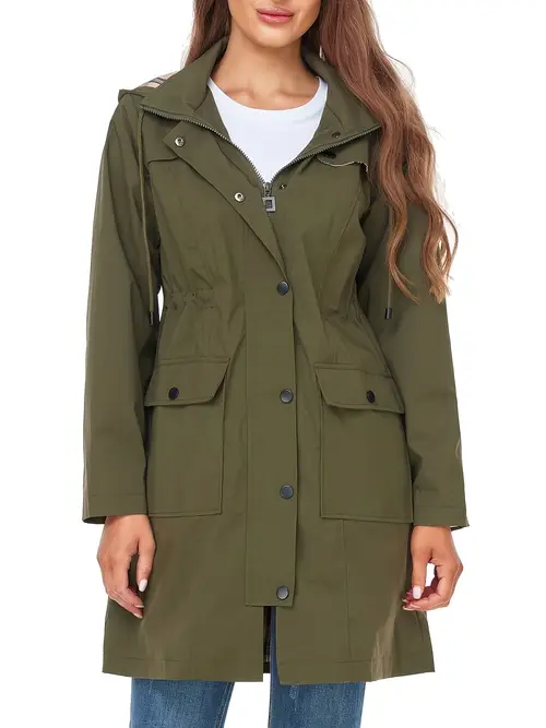 womens lightweight high quality hooded rain jacket elegant windbreaker trench coat with pockets high stretch fabric black and outdoor activities durable rain coat