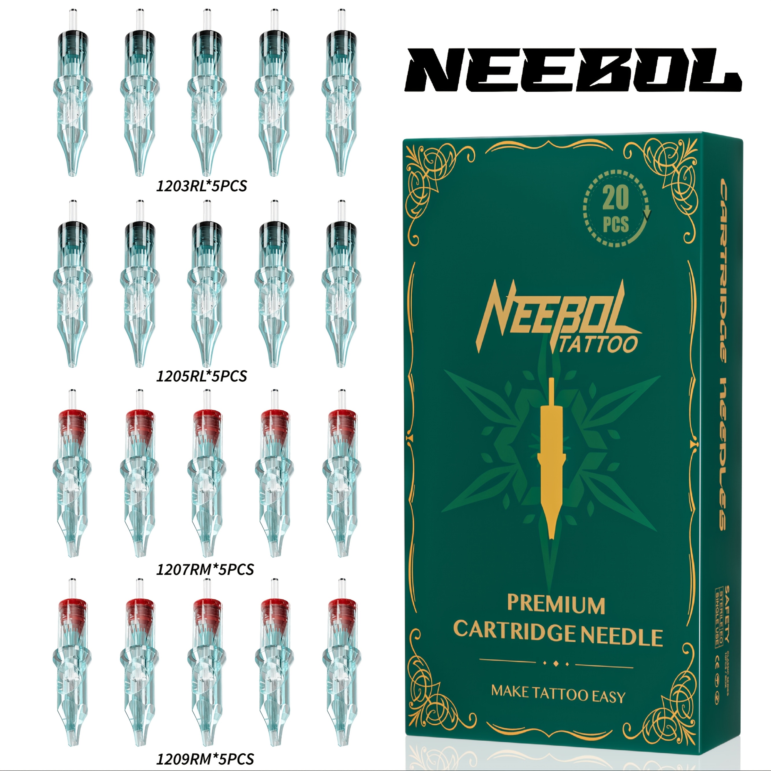 

20pcs Neebol Tattoo Cartridge Needles 1203rl 1205rl 1207rm 1209rm Assorted Tattoo Needle Standard Round Liner Tattoo Pen Supplies Accessories For Beginners And Artists Makeup Valentine's Day Gift