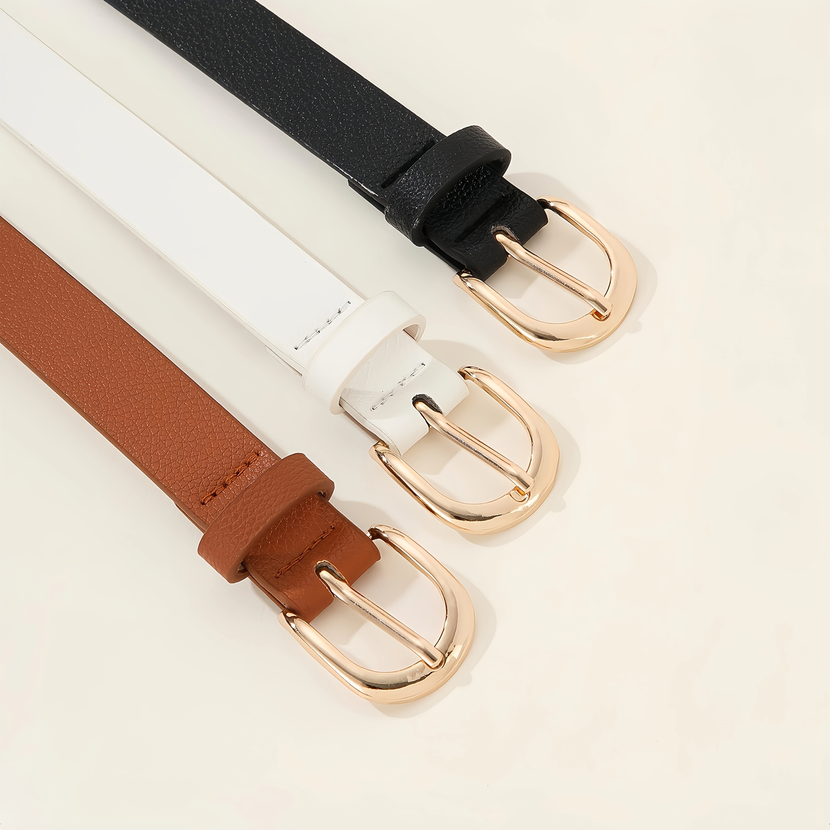 3pcs Women's Belts w/ Golden Tone Buckles & Brown Textured Pattern