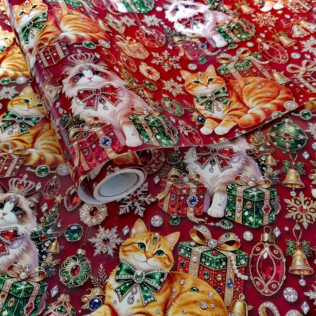 TEMU 1 Rouleau de Chat de Noël, Fond Rouge avec Sapin de Noël, de Neige, , Cloches, Chats Orange et Blancs, Taille 43 X 500Cm, Motif et Riche,