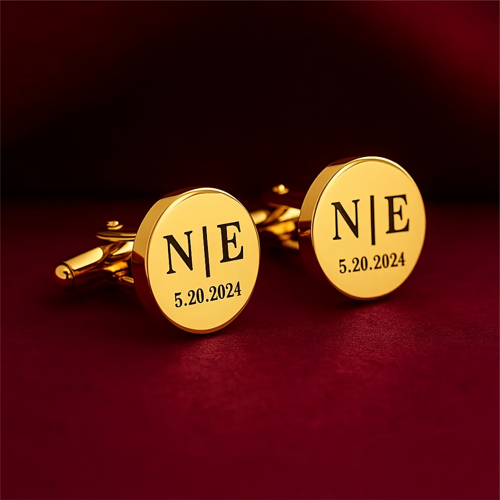 TEMU Custom Couple Initials Wedding Cufflinks - Personalized Stainless Steel Geometric Round Cufflinks With Black Printed Date, Elegant Groom &