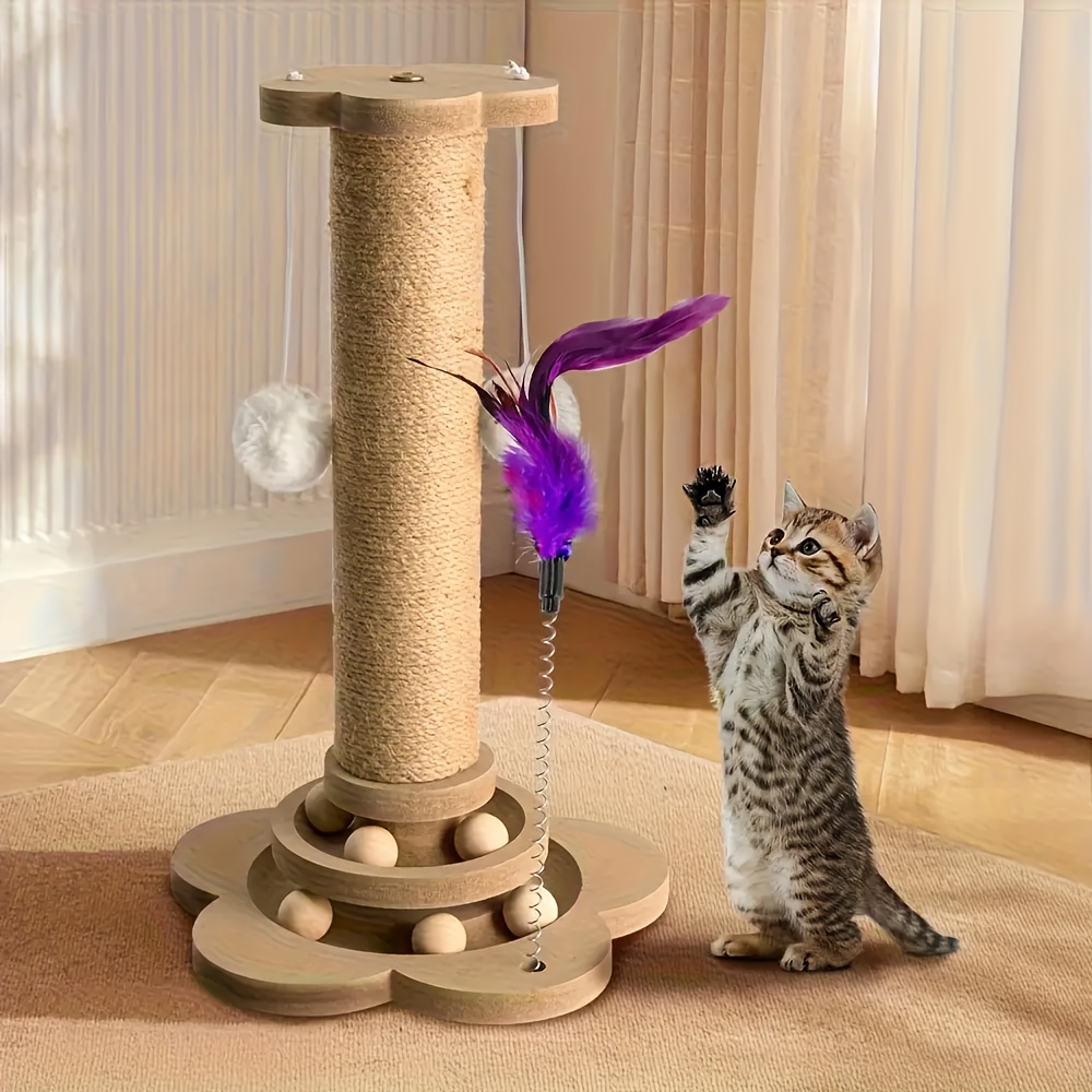 Jouet interactif pour chat avec planche à griffe en jute, piste à billes et plume artificielle suspendue – tour à griffe multifonctionnel durable pour autodivertissement