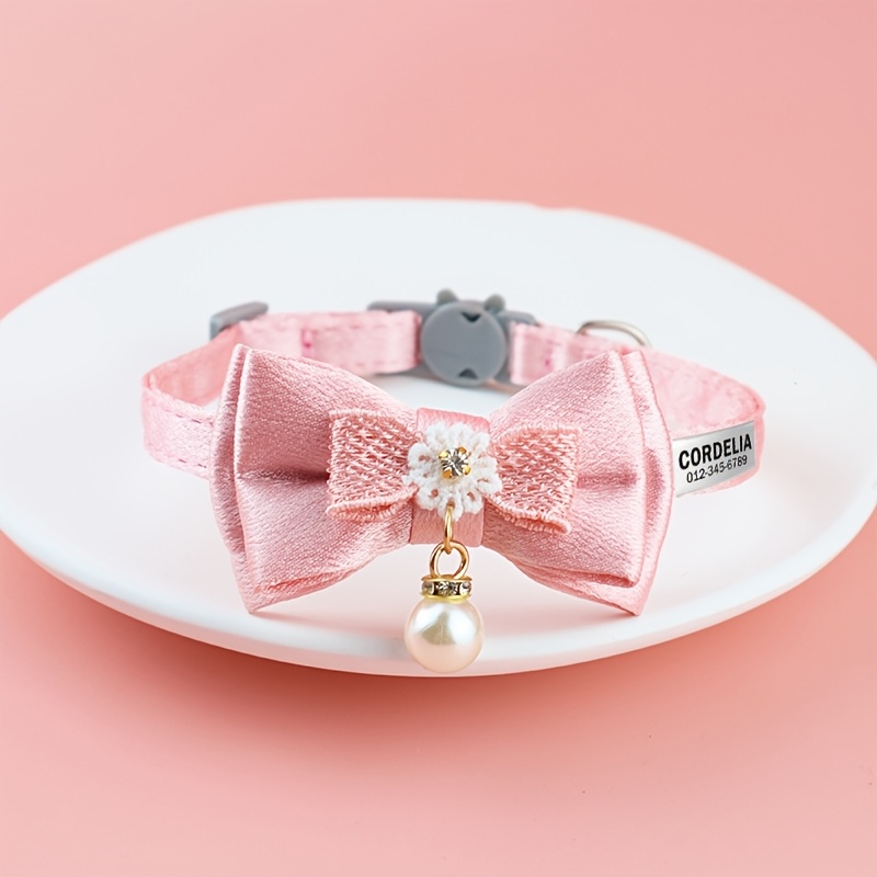 TEMU 1pc Cute Bowknot Beaded Cat Collar , Adjustable Pet Accessory, Durable Engraved Nameplate 's Phone Number, Perfect Gift To Prevent Loss