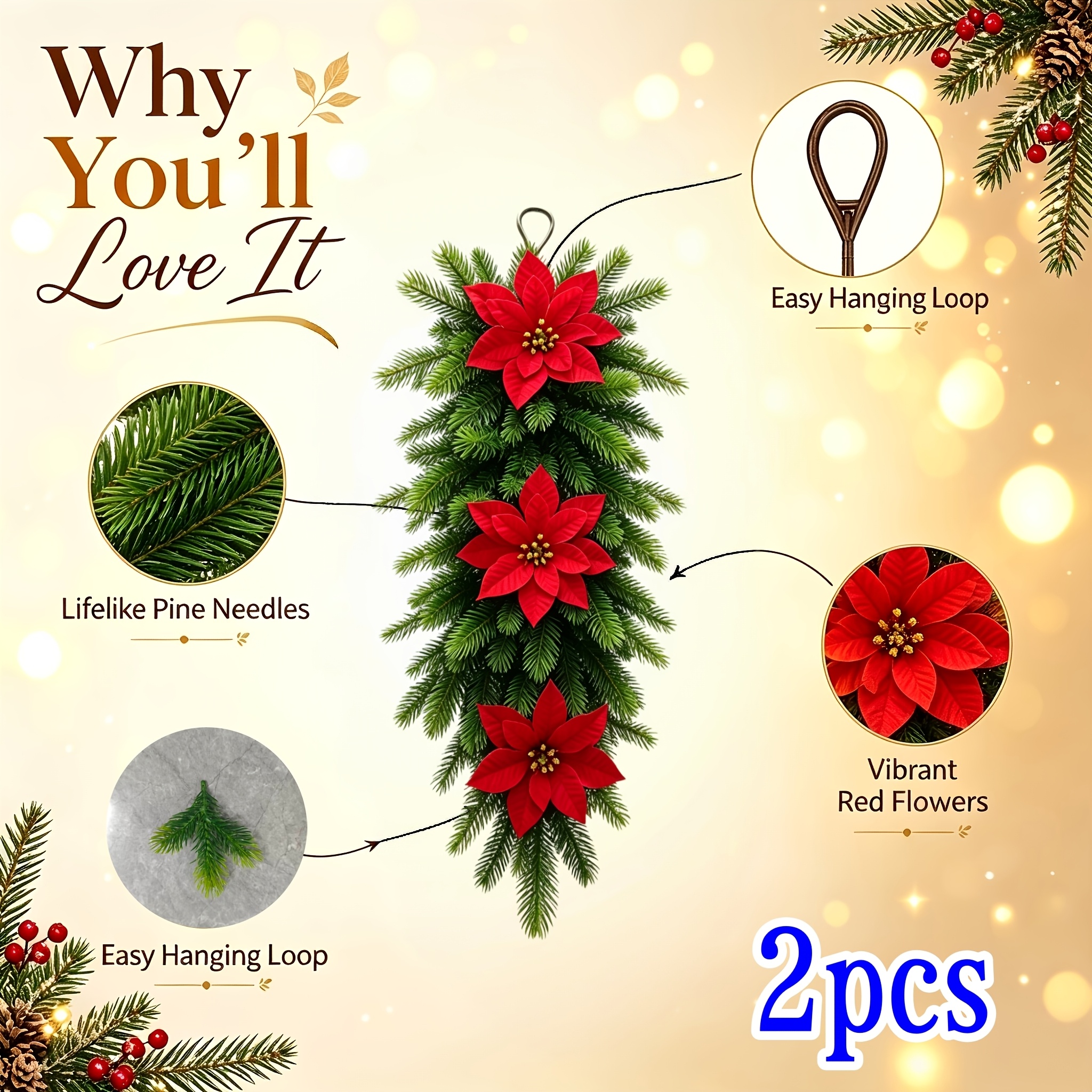 TEMU 2pcs Set Of 24-inch Large Luxury Red Flower Cedar Hanging Decorations, Featuring 6 Extra-large Poinsettia Flowers, Uv-resistant, Perfect