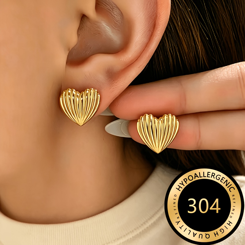 TEMU Western Premium Stainless Earrings Niche Design Temperament Retro Vertical Stripe Heart Studs Light Luxury Temperament Accessory All-match Ear