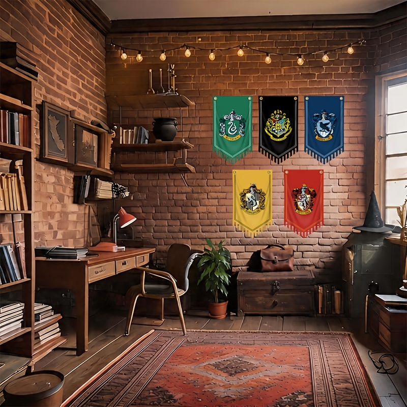 TEMU 5pcs Harry Potter Officially Licensed Banner Flags Set 11.8x19.7in Hogwarts House Gryffindor Slytherin Ravenclaw Hufflepuff Wall Flags Medieval