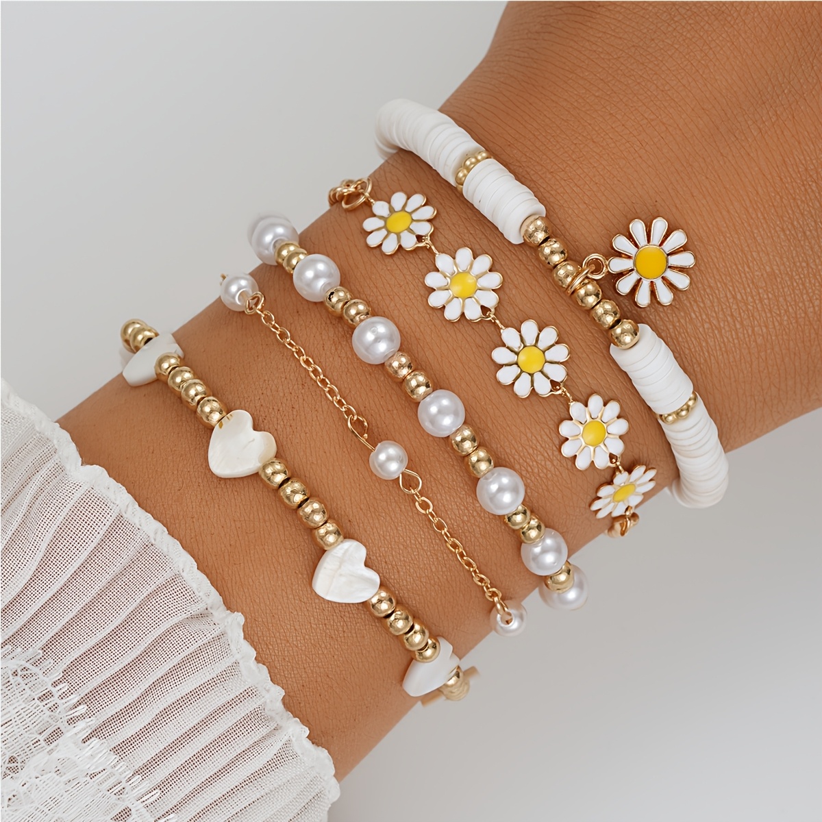 TEMU 5pcs Set Of Exquisite Heart Pearl Daisy Design Bracelet, Alloy Jewelry, Elegant Leisure Style For Summer Gift