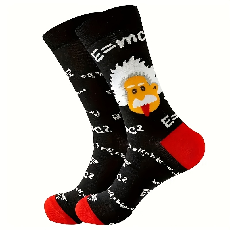 

1 Pair Of Trendy Cartoon & Math Socks, Mid-calf For Men