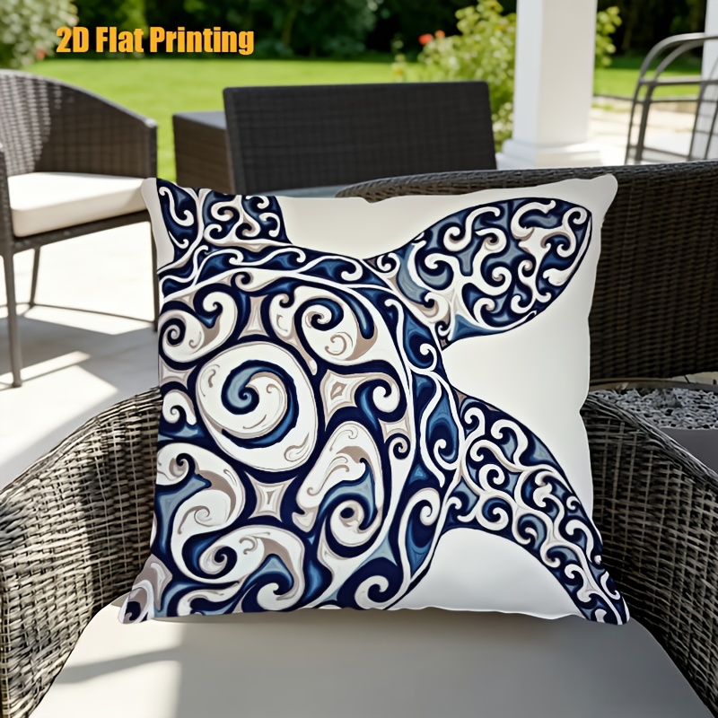 1pc Turtle Print Cushion Cover Suitable for Outdoor Indoor Use, 18x18 Inch Square Pillow Case with Zipper Closure, Blue White Gray Marine-Themed Decorative Cover for Garden Sofa Bed, Machine Washable Turtle Shell, 2D Flat