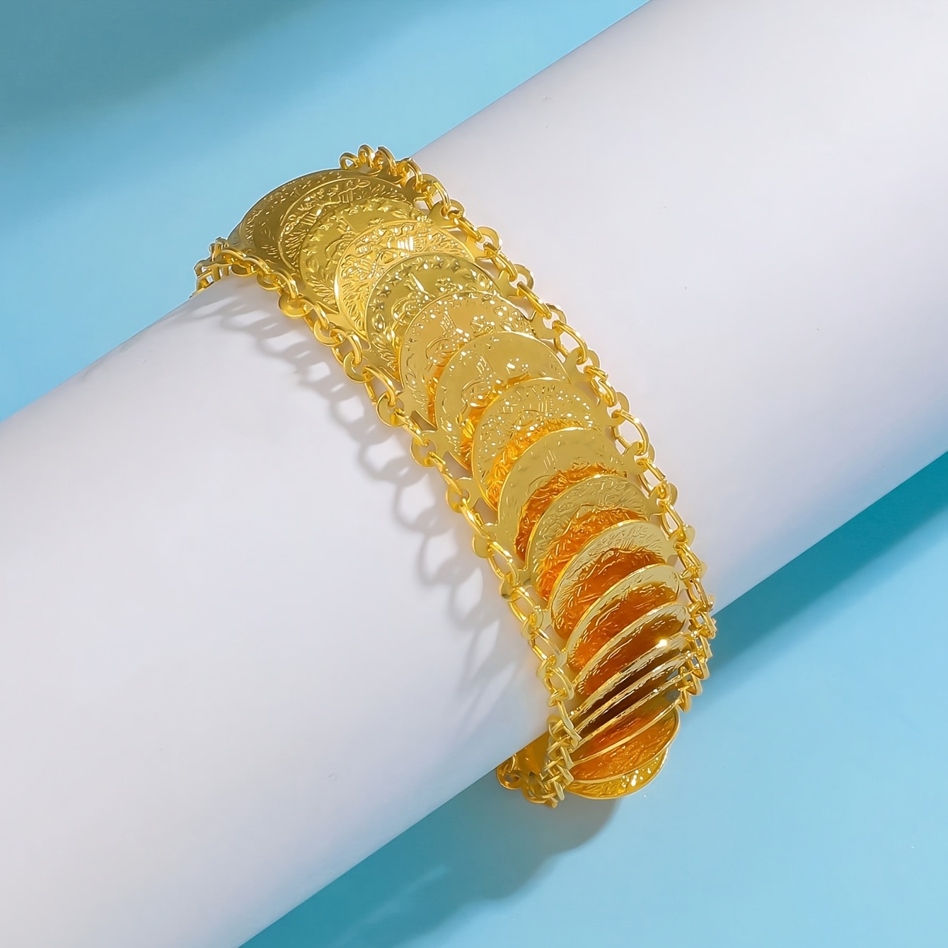 TEMU Bracelet artisanal de luxe arabe Dubaï pour mariage, accessoire de bijouterie dorée plaquée monnaie, chaîne de manchette. Cadeau démocratique