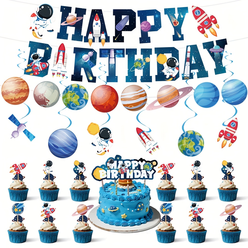 Image of 33pcs Space Party Decorations Kit, Includes 2 "happy Birthday" Banners, 6 Hanging Swirls, And 25 Cake Toppers – Perfect For Kids' Birthdays & Themed Events For Christmas,newyear,valentine,party Events