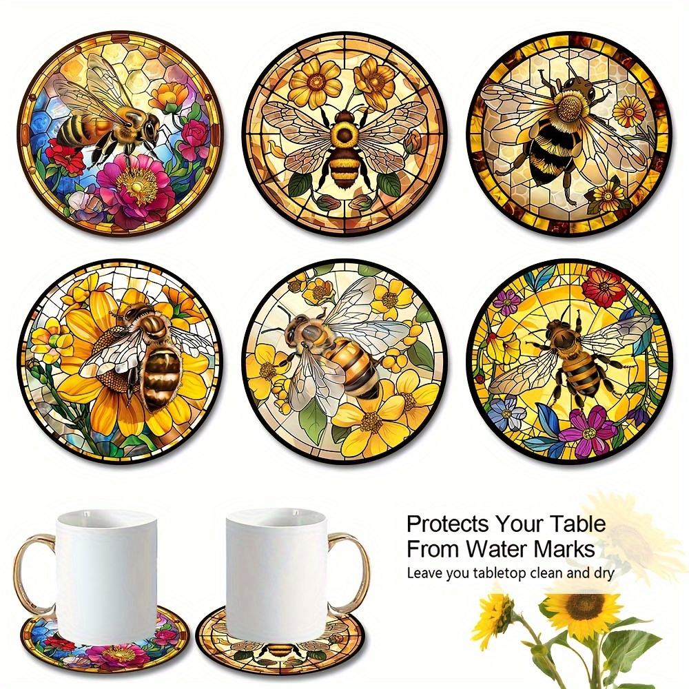 

6-piece Bee Stained Glass Coaster Set - Softwood Material