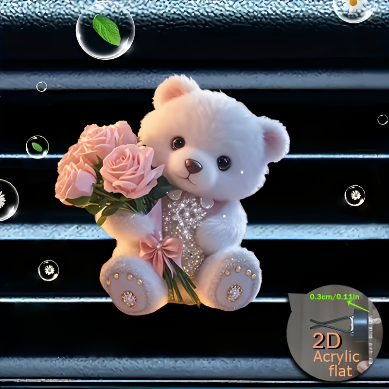TEMU 2d Flat, 1pc Bear Holding A Pink Rose Pattern Reusable Car Air Freshener Perfume Diffuser Clip, Car Vent Interior Accessory, Car Scent Diffuser,