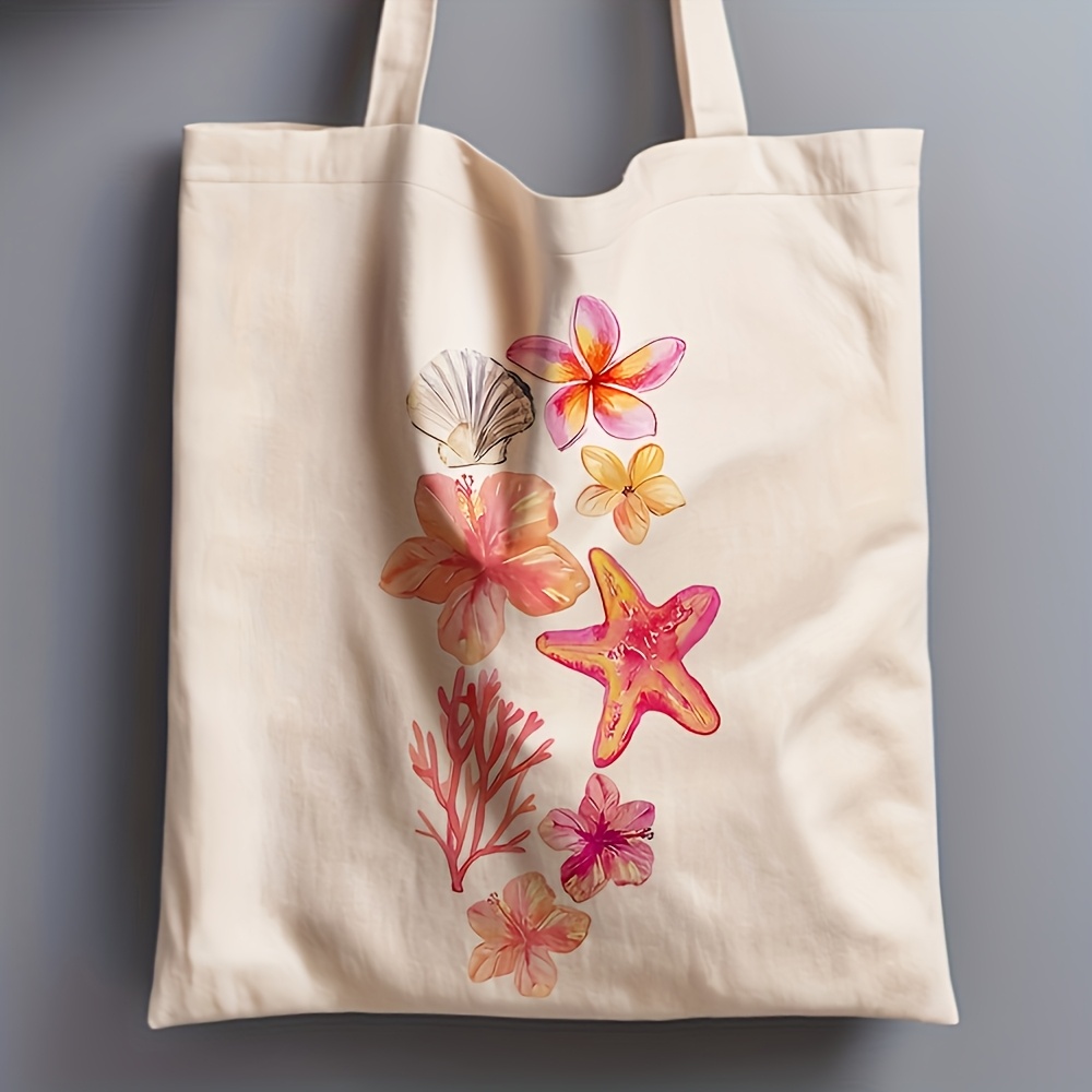 TEMU 1pc, Double-sided Print, Watercolor Coastal Tropical Tote Bag, Starfish Shell Plumeria Shoulder Bag, Outdoor Daily Shoulder Bag