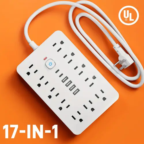 17 in 1 protector power strip with outlets 4usb 2 type c ports compact multi plug outlet extender with flat plug saving extension cord for home office and kitchen protection us plug power strip protector