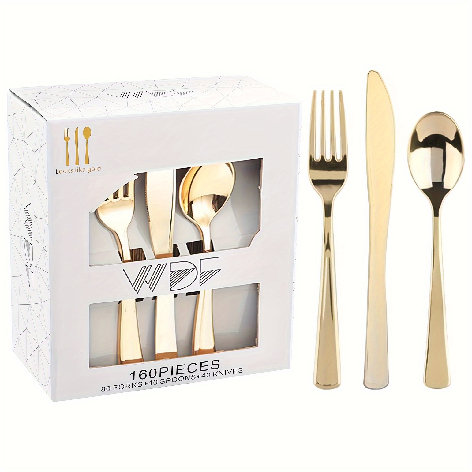 

160 Piece Gold Plastic Silverware - Heavy Duty Gold Silverware Includes 80 Gold Forks, 40 Gold Spoons, 40 Gold Knives, Gold Plastic Utensils Perfect For Wedding, Party Or Daily Using