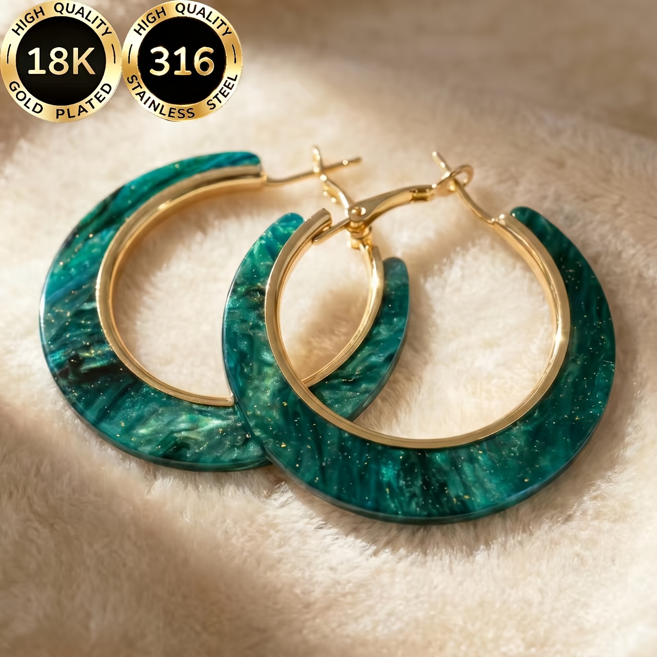TEMU A Pair Of High-quality Steel 18k Gold-plated Hypoallergenic Earrings For Women, Featuring A Light Luxury And Elegant Round Green