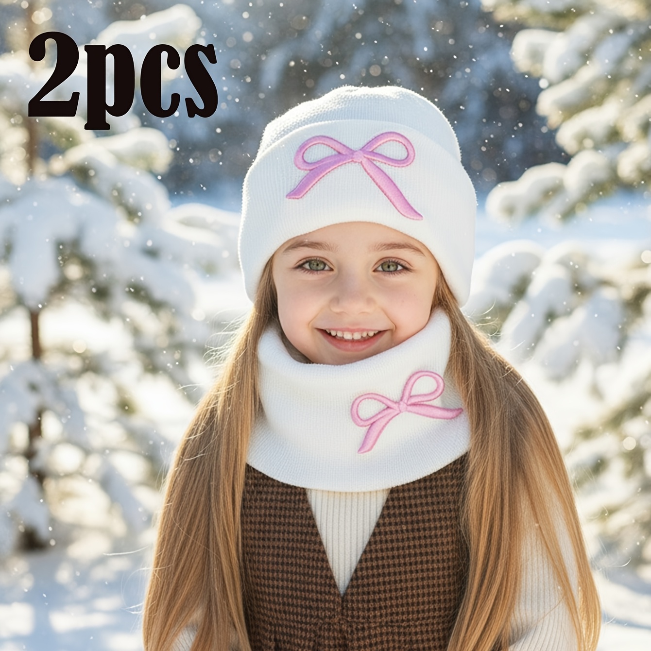 2pcs Set Girls' Big Kids Embroidered Bow Knit Hat + Scarf Two-piece Set Kit Autumn And Winter Warm Embroidered Bow Set Set Two-piece Set Fashion Knit Hat Set Parent-child Style Hat