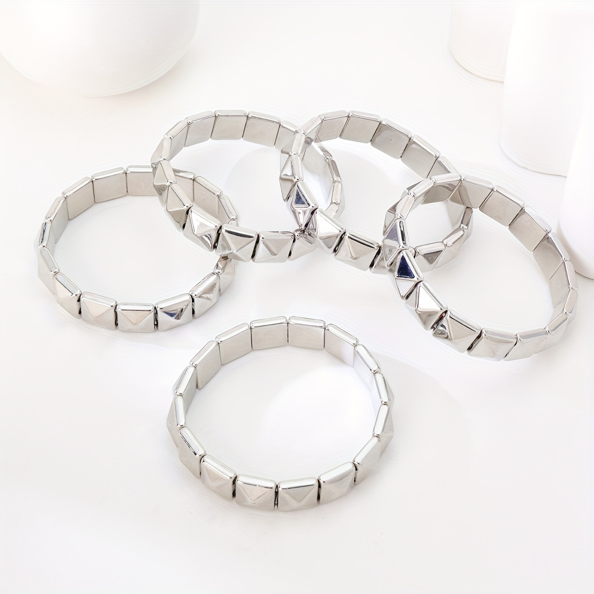 Punk Five Ring Silvery Elastic Bead Bracelet Set for Women