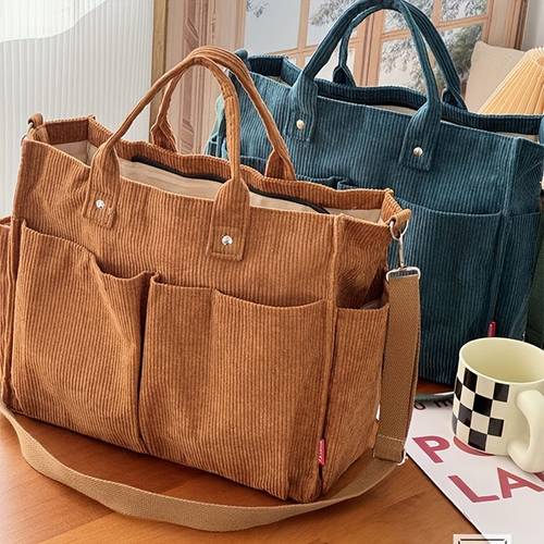 womens new original japanese harajuku autumn winter multi pocket thick corduroy simple commuter tote casual literary handbag crossbody bag