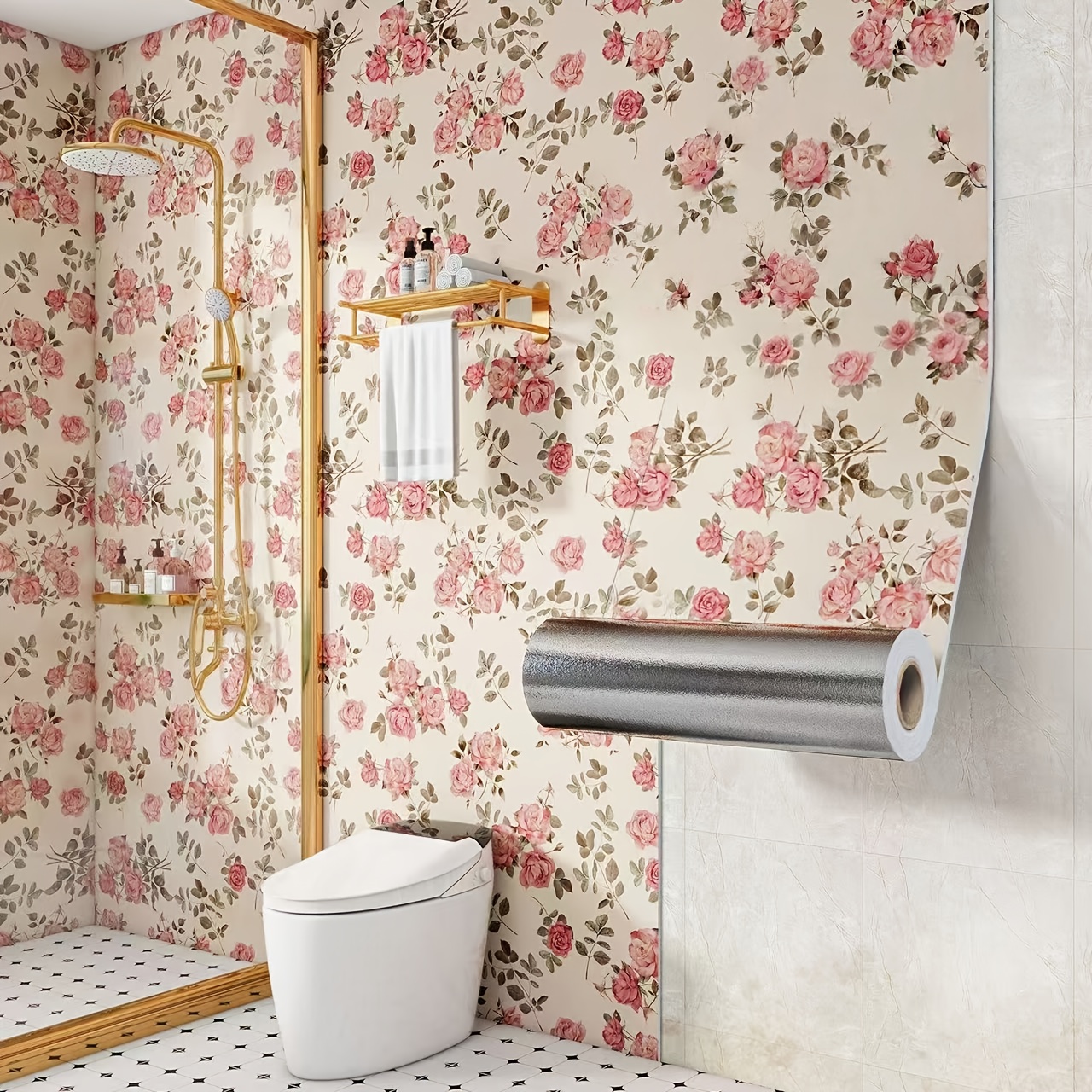 1pc papel tapiz de vinilo autoadhesivo impermeable y removible - diseño elegante de rosas con rosas gruesas y líneas de  , paneles de pelar y pegar adecuados para sala, dormitorio, baño, gabinetes - papel tapiz floral