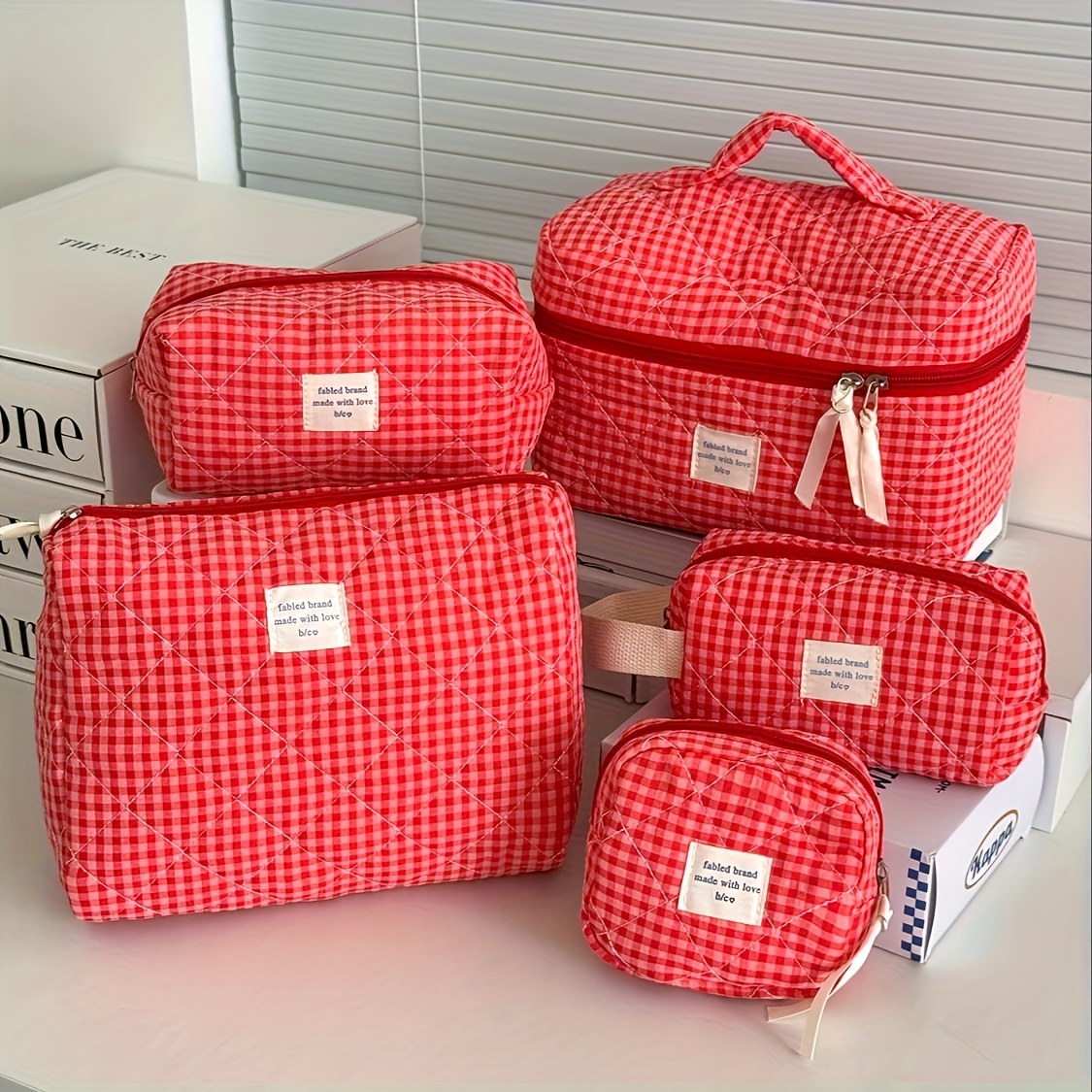 Image of [large Capacity Coin Purse]five-piece Set In Checkered Pattern, Stylish Makeup Bag, Portable Wash Bag, Travel Hand-held Storage Bag, And Coin Pouch With A