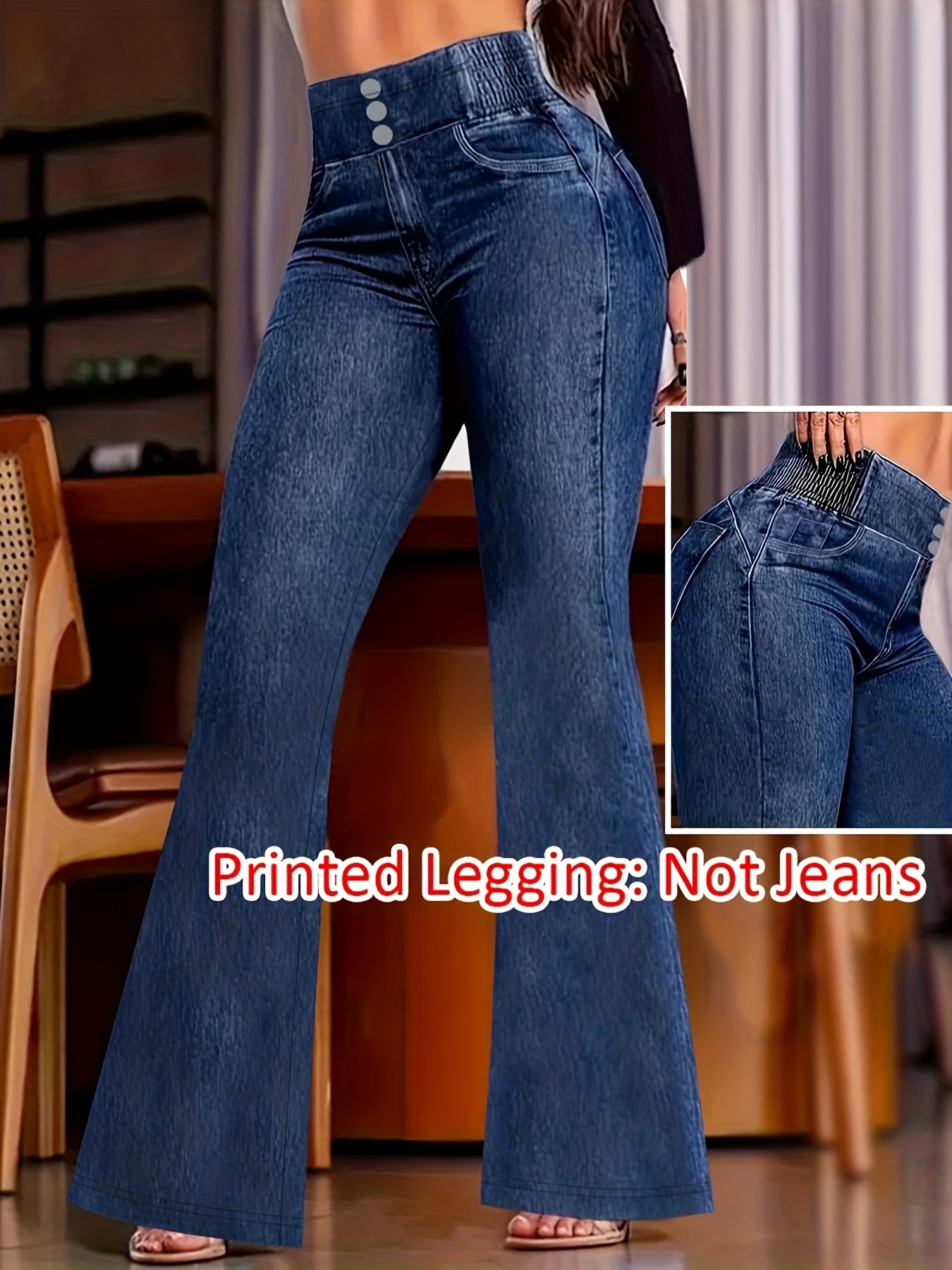 【imitation denim】[imitation Faux Denim]Women'S Non-Faux Denim Flared Faux Denim - All-Season Faux Denim Pants with Button Closure, Stretchy Non-Faux Denim Material, Classic Washed Look for Everyday & Formal Outfits, Versatile Clothing