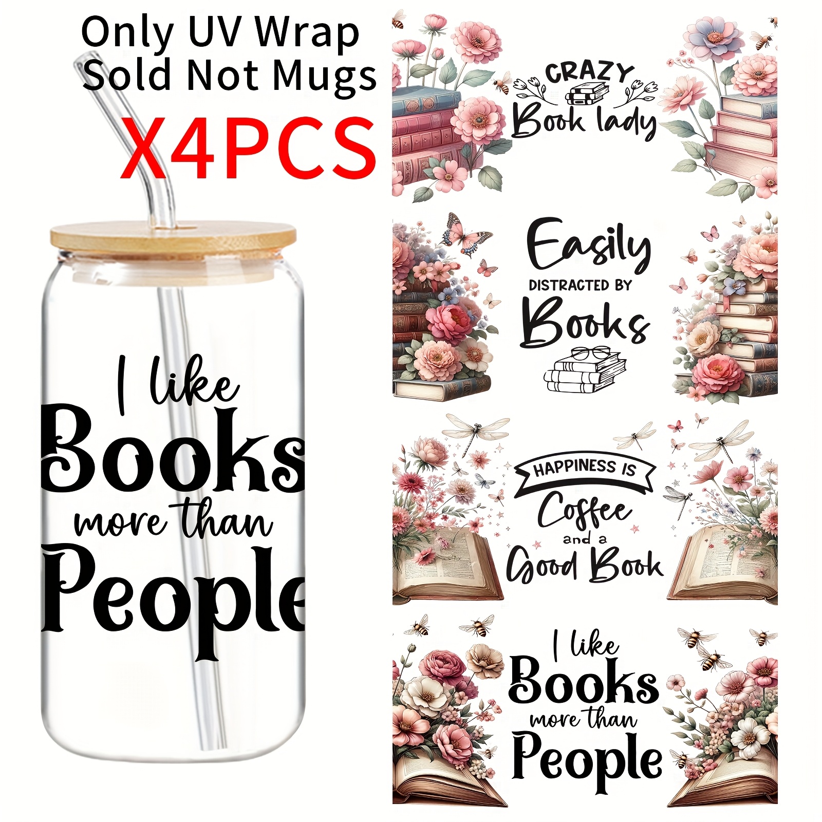 TEMU 4pcs Set Of -themed Uv Dtf Transfer Stickers, High Quality And Scratch-resistant Glass Decals For Cups, Water Bottles, And 16-ounce Glass Jars,