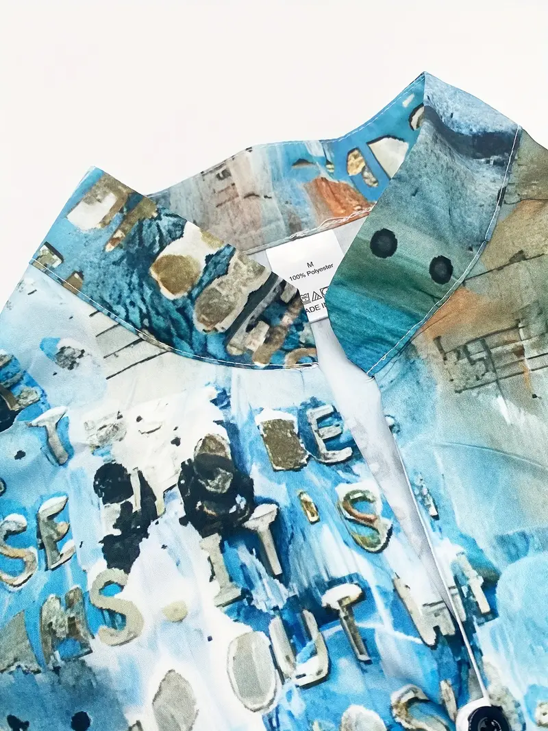 mens distressed print long sleeve lapel shirt for spring and fall casual comfy trendy shirt as gift details 2