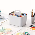 1 Portable Plastic Storage Basket with Handle - Marker and Pencil Organizer, Compartmentalized Desktop Stationery Storage Box, Portable Brush and Paint Tool Case, Student Desk Sundries Organizer Frame, Pencil Holder with Carrying HandleOpen in new tab.