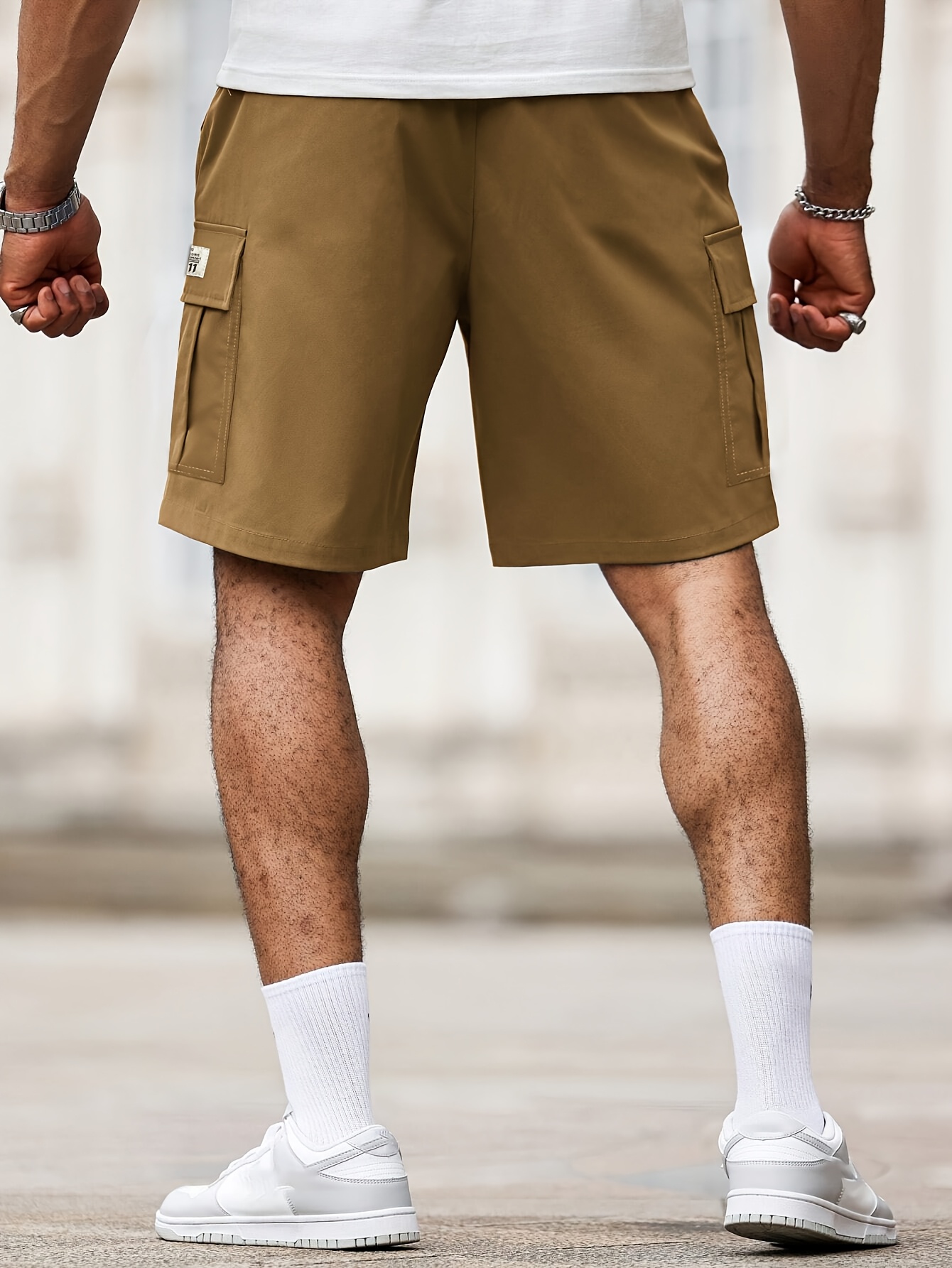 Men's Work Pants with Letter Patches, Flip Tops, Multiple Pockets, Drawstring Waist, Loose and Casual Shorts