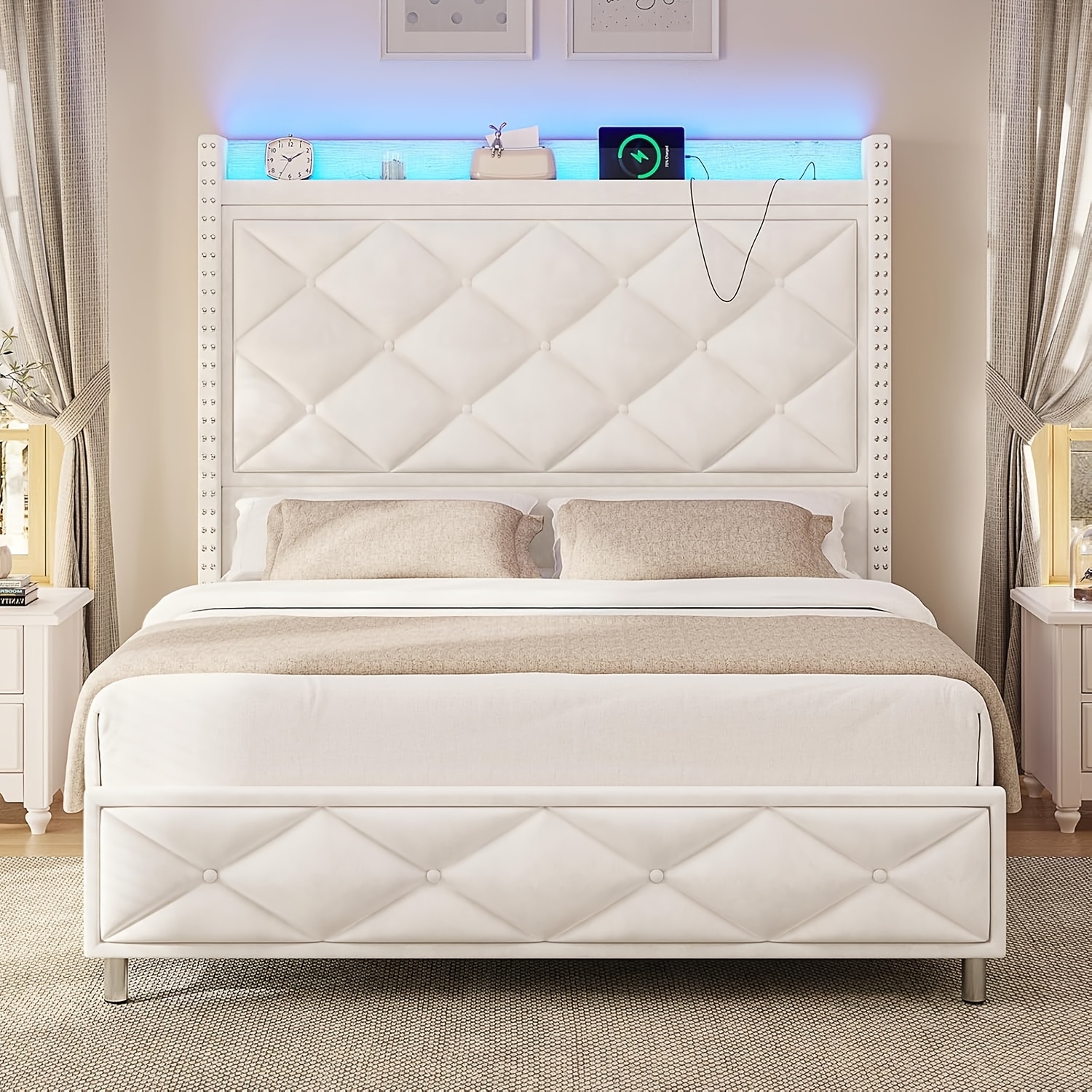 

Queen Size Bed Frame With 50.8'' Tall Wingback Velvet Headboard, Diamond Design Bed With Led Lights, Remote Control, Light / Easy To /white/grey