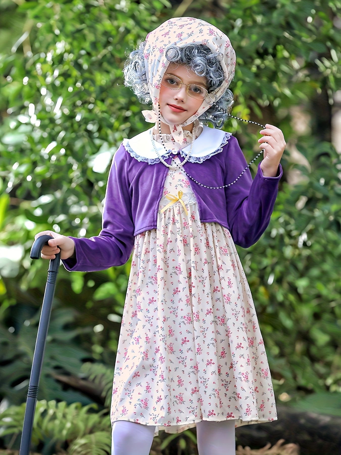 12pcs Granny Costume for Kids, Girls * Funny Old Lady Fancy Dress with  Granny Wig+Glasses+Necklace+Cane Additions for Girls Age 3-12 Year Old, Old  ...