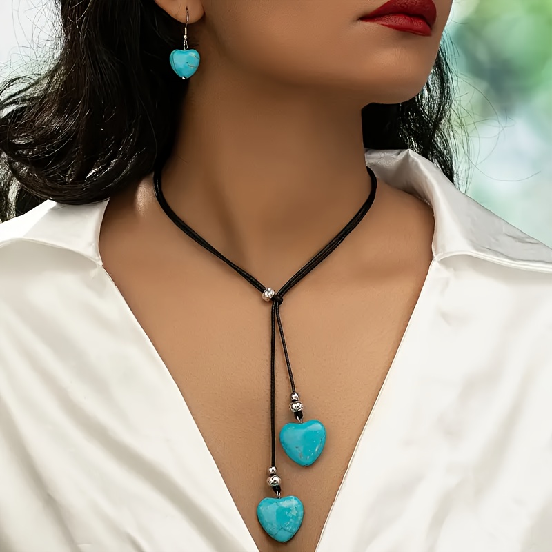 TEMU Vintage Bohemian Style Adjustable Length Heart Necklace And Earrings Set