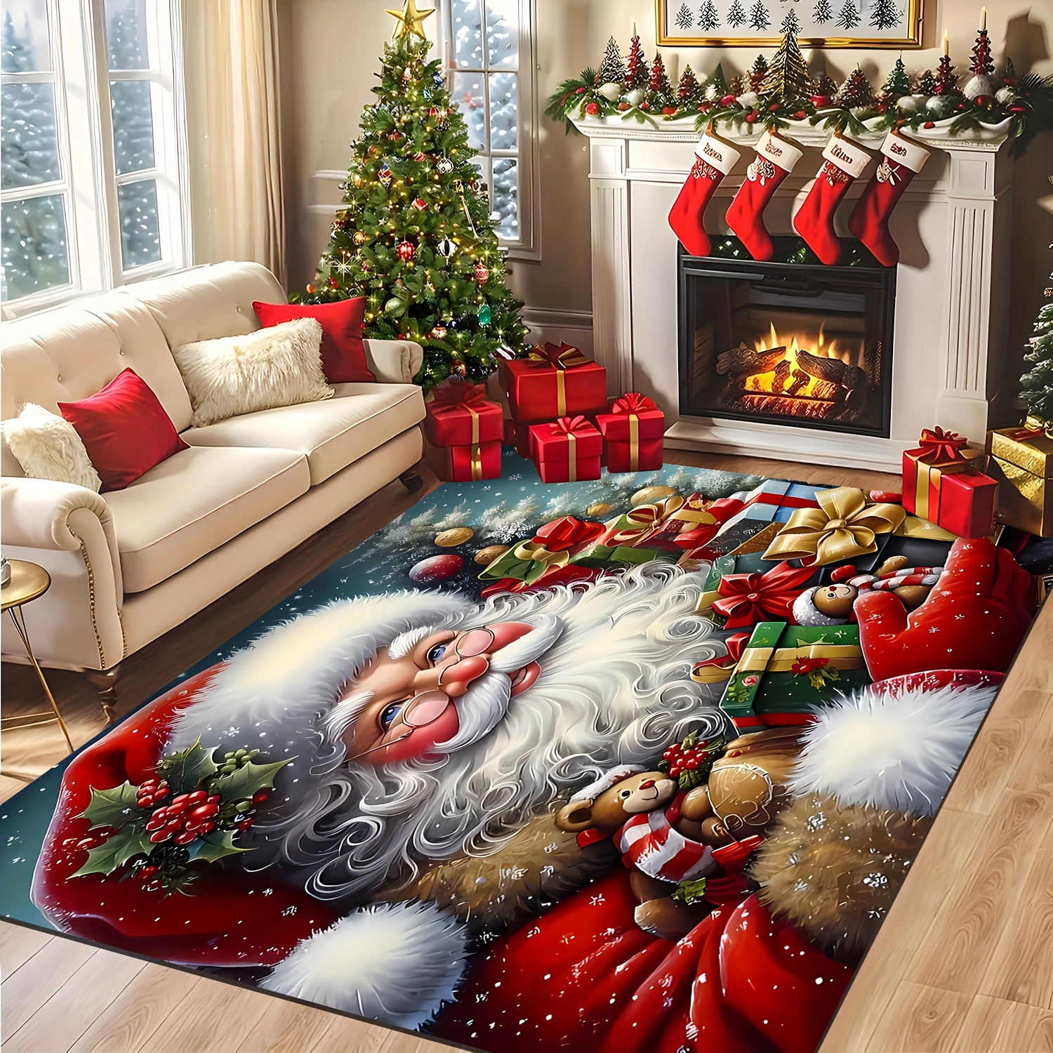 TEMU 1 Item Of [ Product], Merry Christmas! A Rectangular Rug Designed With A Santa Claus Gift Box Pattern, Suitable For Living Rooms, Coffee Tables,