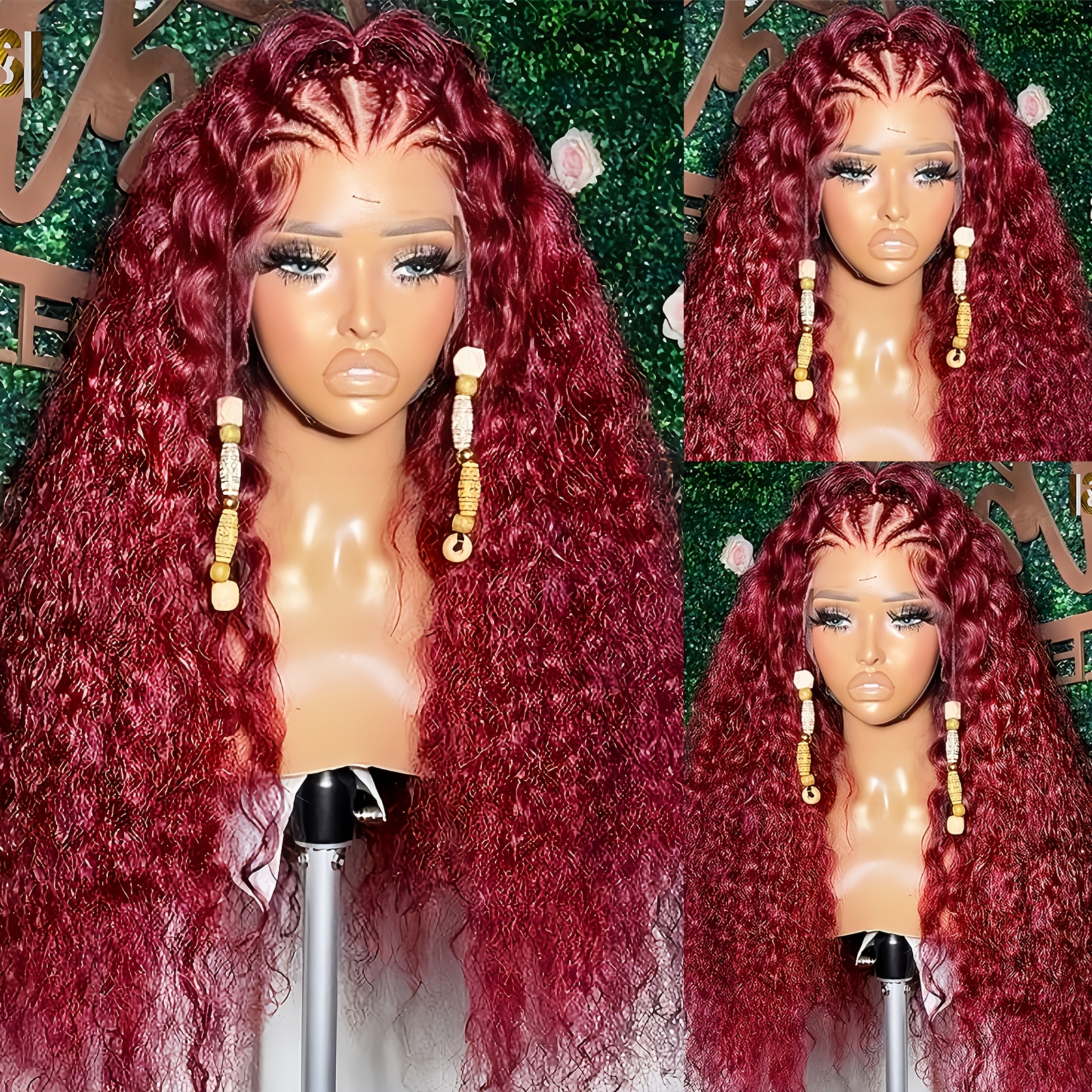 luxurious black wine red ombre lace front wig women 180 - Temu display picture 3