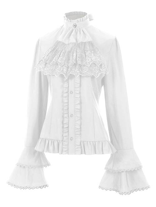 steampunk victorian blouse white lace trim sleeves stand up collar with decorative buttons machine washable vintage top for halloween costumes themed parties costume apparel nonelastic fabric