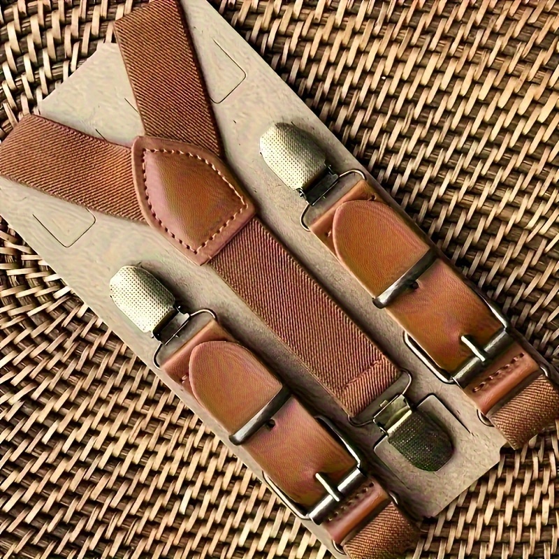 

Vintage Style Men' Brown Faux Leather Suspenders Set - Micro- Woven For Rustic Weddings