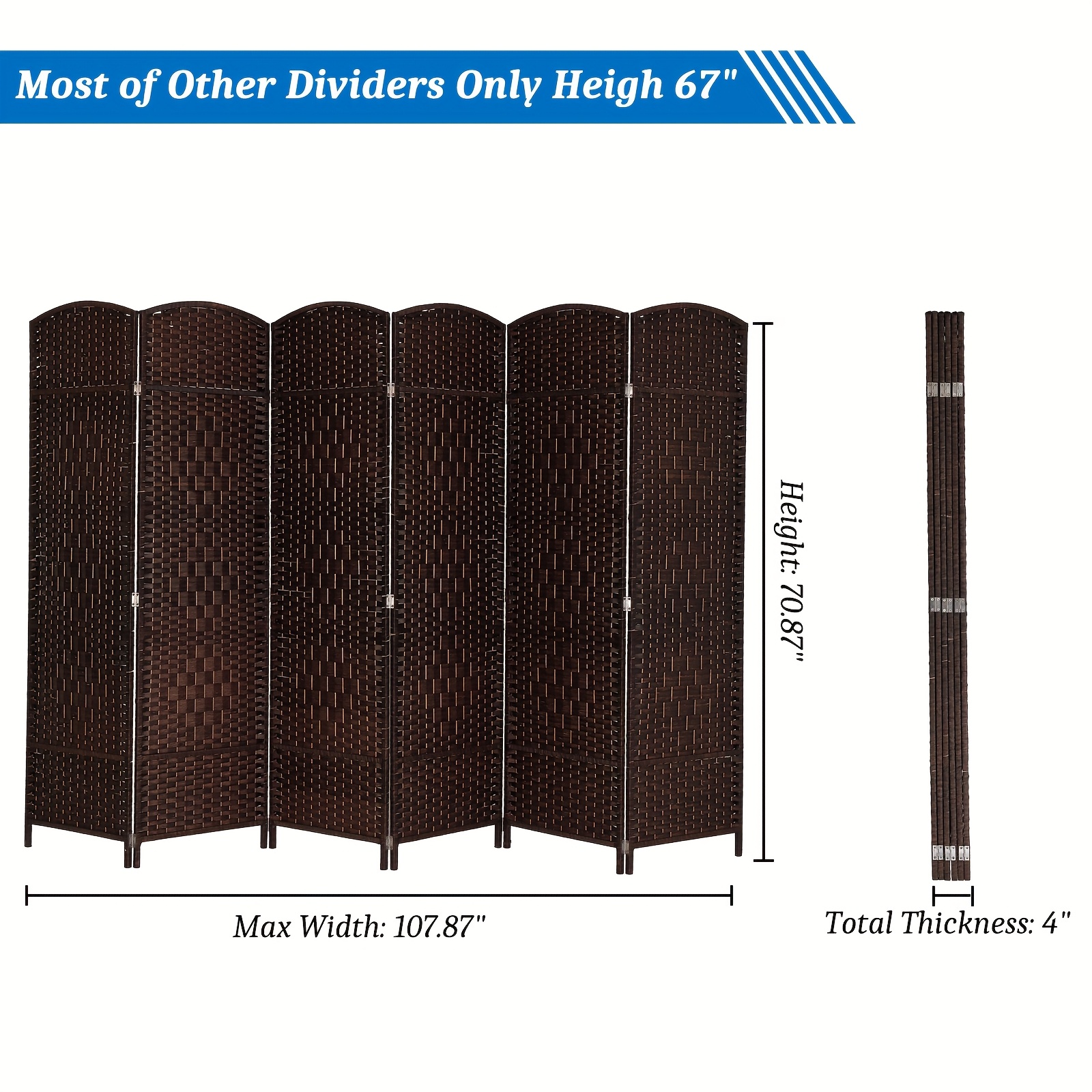[Folding Rattan Room Divider] 6-Panel Folding Rattan Room Divider, 70.87'' H Folding Space Separator Partition Wall Dividers, Freestanding Hinged Privacy Screen