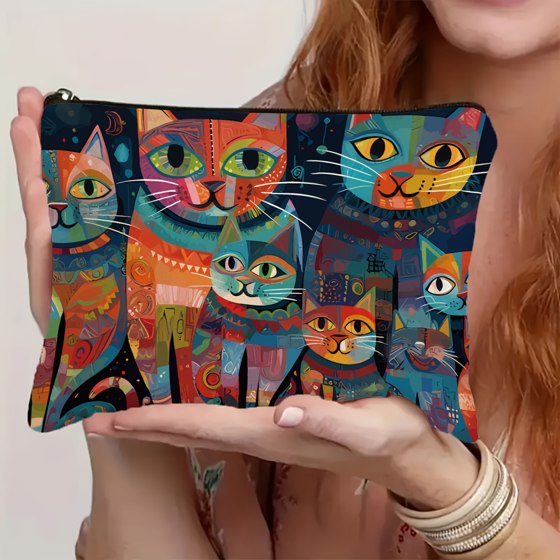 TEMU A Colorful Cat-themed Makeup Bag - A Foldable And Lightweight Cosmetic Pouch With A Zipper Closure, Perfect For Travel And Stationery, Ideal For