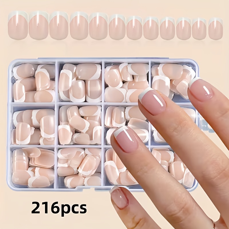 E-shop 216 Stück Kurze Quadratische Press-On-Kunstnägel, Weiß Nude French Fake Nail Tips, 12 Größenoptionen, Vollabdeckung Künstliche Falsche Nägel für