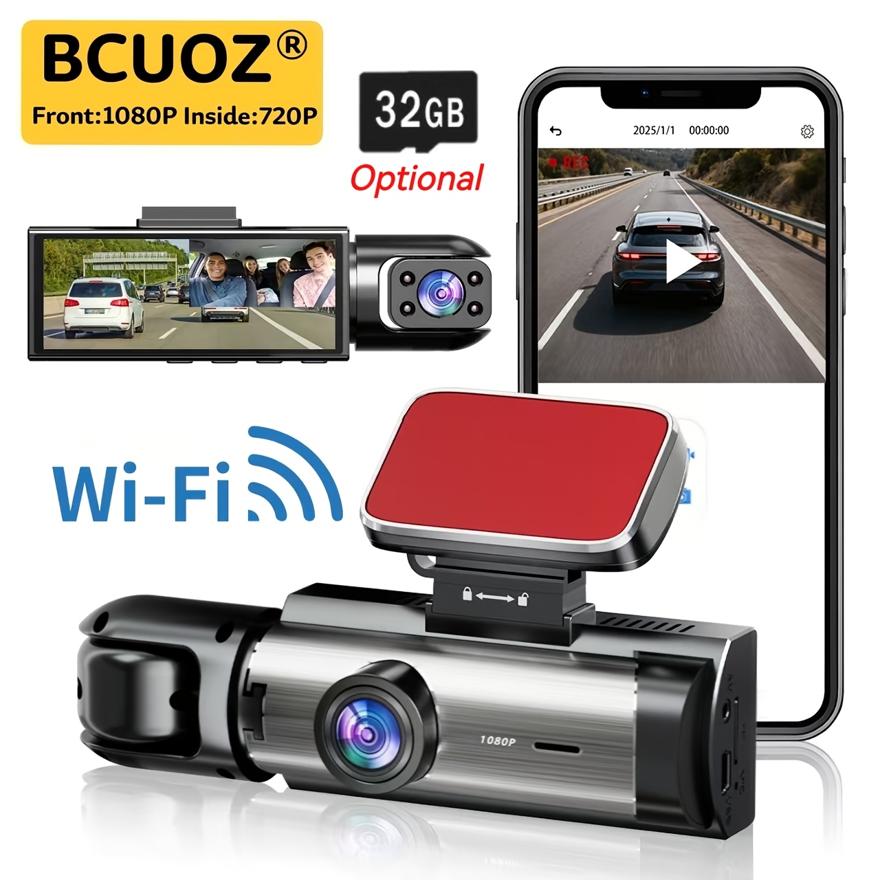 Artikelbild   wifi dashcam für autos, 1080p front- und 720p innenkamera, mit wifi-app, super-nachtsicht, loop-aufnahme,  , unterstützt 24h parküberwachung,   ohne karte/32gb speicherkarte.