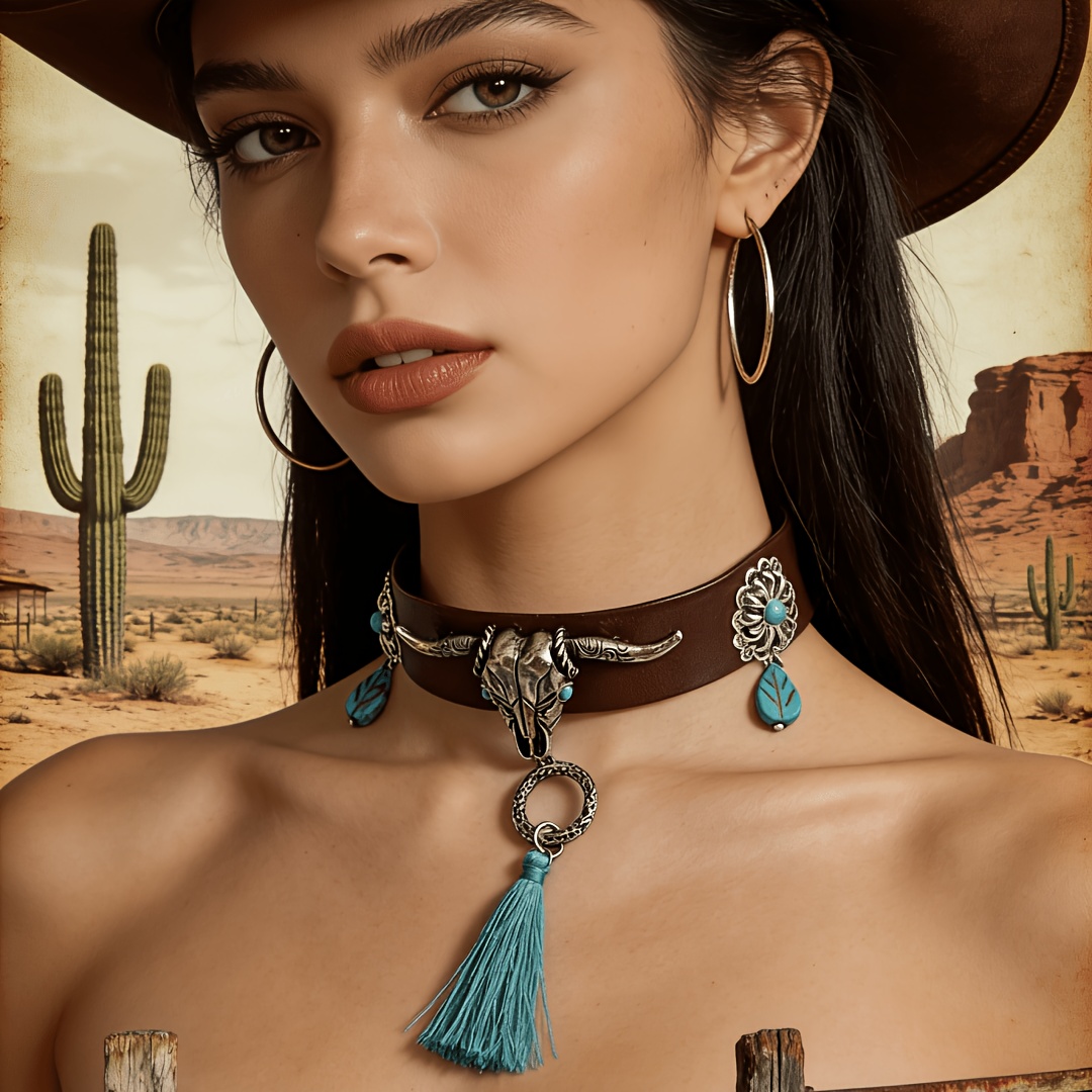 TEMU 1 pieza de cuello de cuerda con borla de cabeza de plateada en estilo vaquero envejecido, adecuado para mujeres, festival de