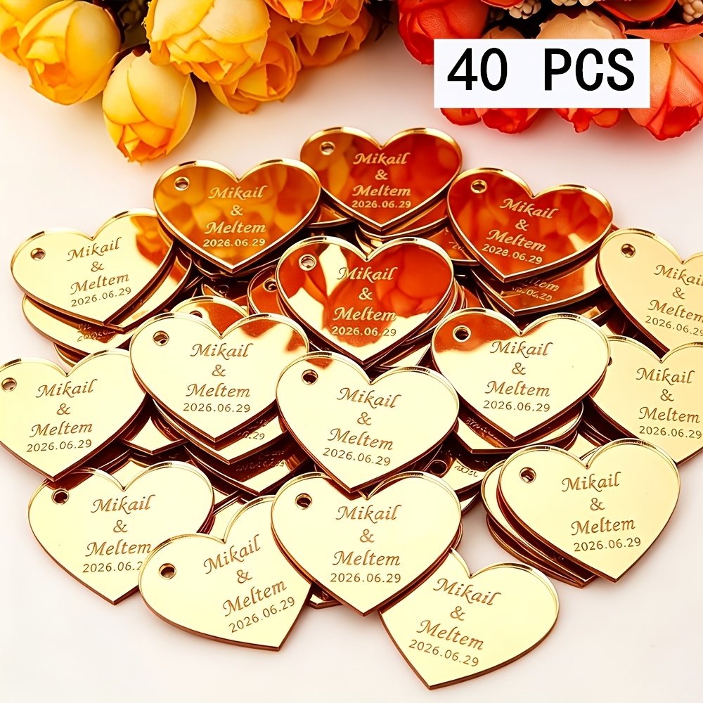 TEMU Custom Heart-shaped Tags: Personalized Acrylic Mirror Wedding Gift Tags, 3.5cm Heart-shaped, Personalized Acrylic Heart Mirror Wedding And
