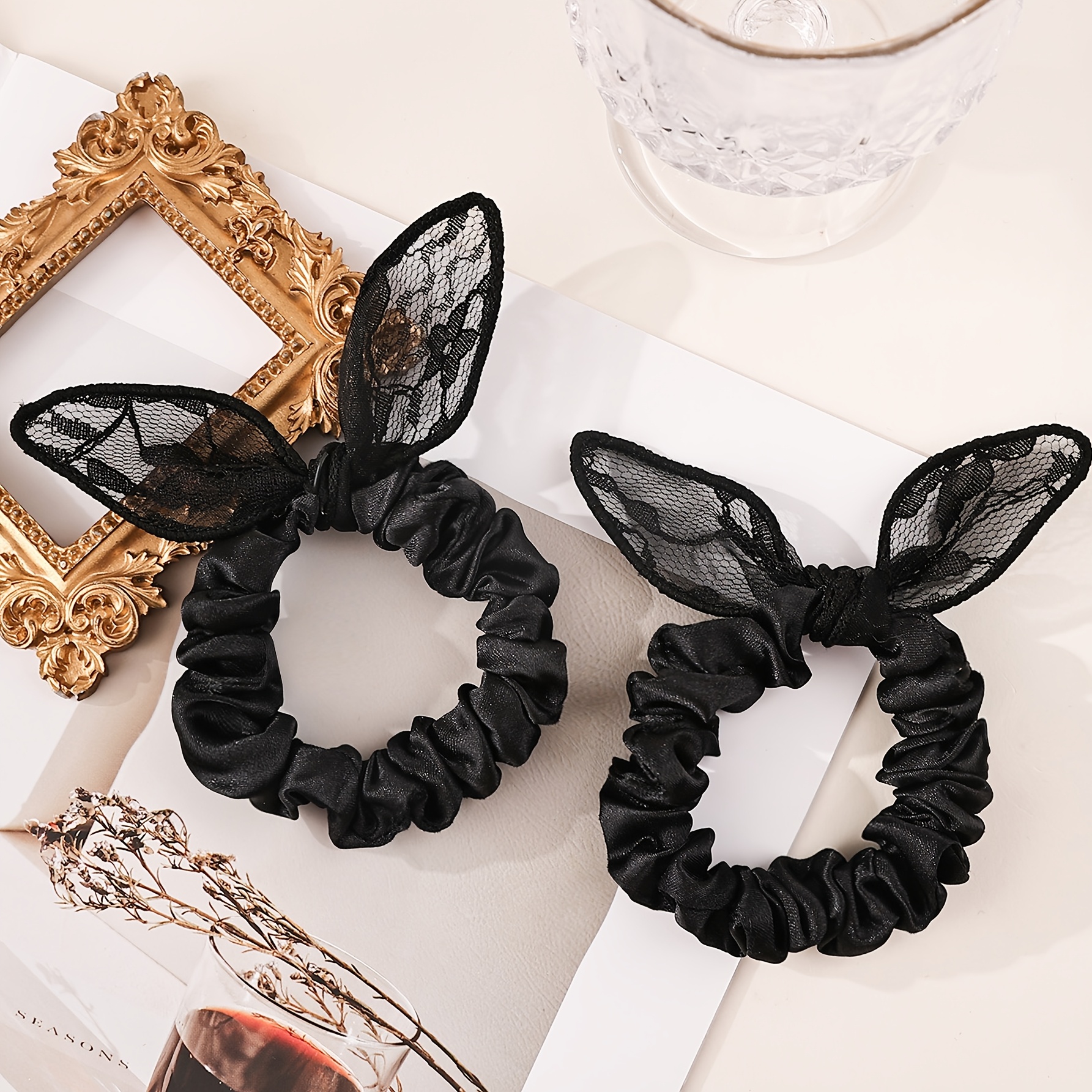 TEMU 2pcs Set Simple And Versatile Black Lace Ear Street Style Hair Ties For Women, Suitable For Travel And Parties, Ponytail Decorative Hair